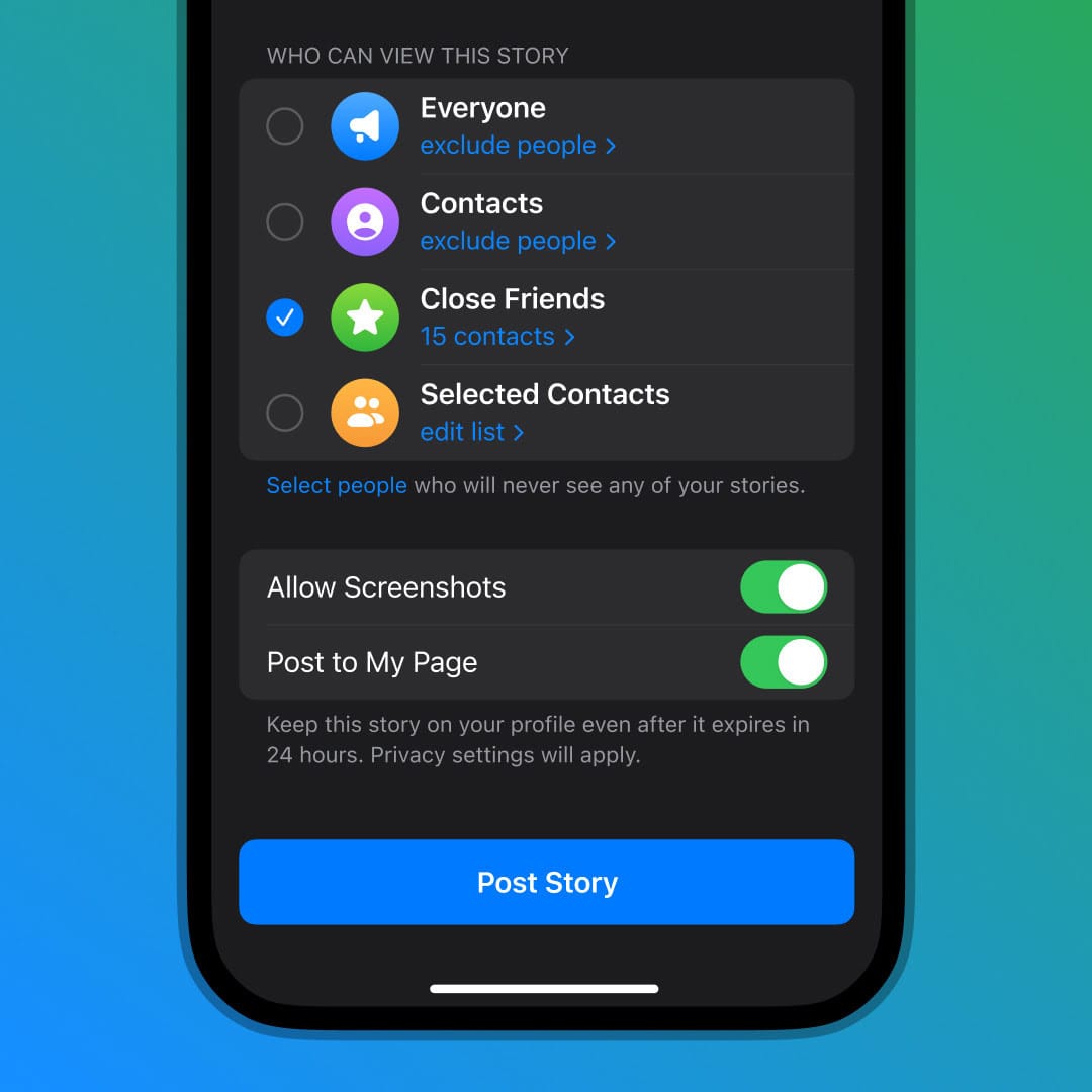 Ustawienia prywatności Telegram stories