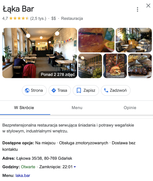 Wizytówka Google - Łąka Bar