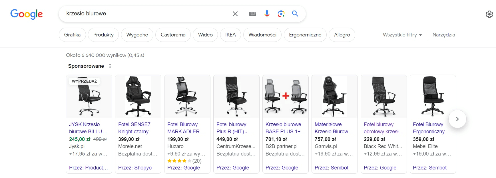 Przykład reklamy produktowej krzeseł biurowych w Google