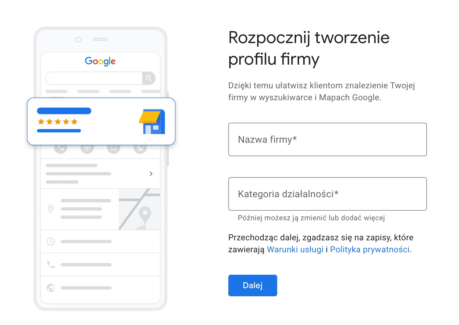 Rozpocznij tworzenie profilu firmy