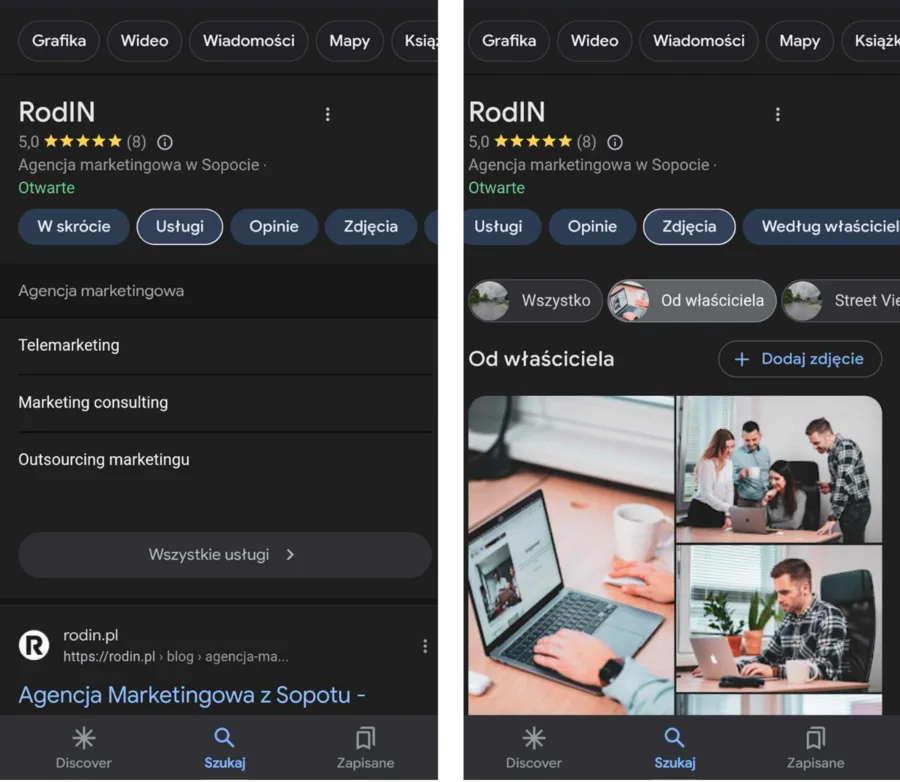 Aktualny profil firmy w wizytówce Google
