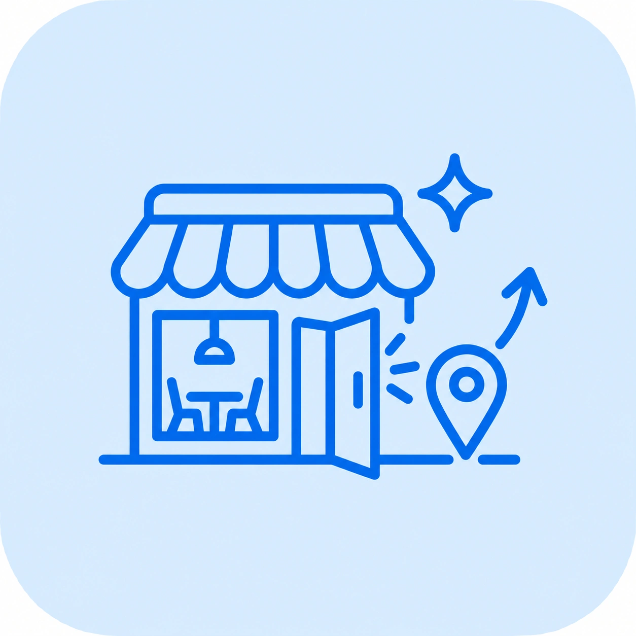 minimal rounded app icon for opening a new local business, square 1:1 format, very pale light blue rounded-square background with very large corner radius, centered simple new venue launch symbol, use EXACTLY #0171E2 for all icon line art and decorative elements, pure bright blue #0171E2 only, absolutely no purple, violet, indigo or lavender tones, smooth thick rounded strokes, clean vector outline style, no gradients, no shadows, no text, no letters, minimal details, inside: simplified storefront with a slightly open door combined with a small location pin, subtle sparkle indicating a brand-new opening, small upward launch arrow suggesting a fresh start, soft friendly modern UI icon style, balanced spacing, consistent stroke width, crisp clean geometry, modern local business and restaurant opening theme